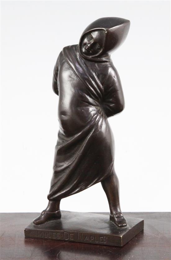 A small Italian patinated bronze of a figure standing in a hooded cloak, 6.75in.